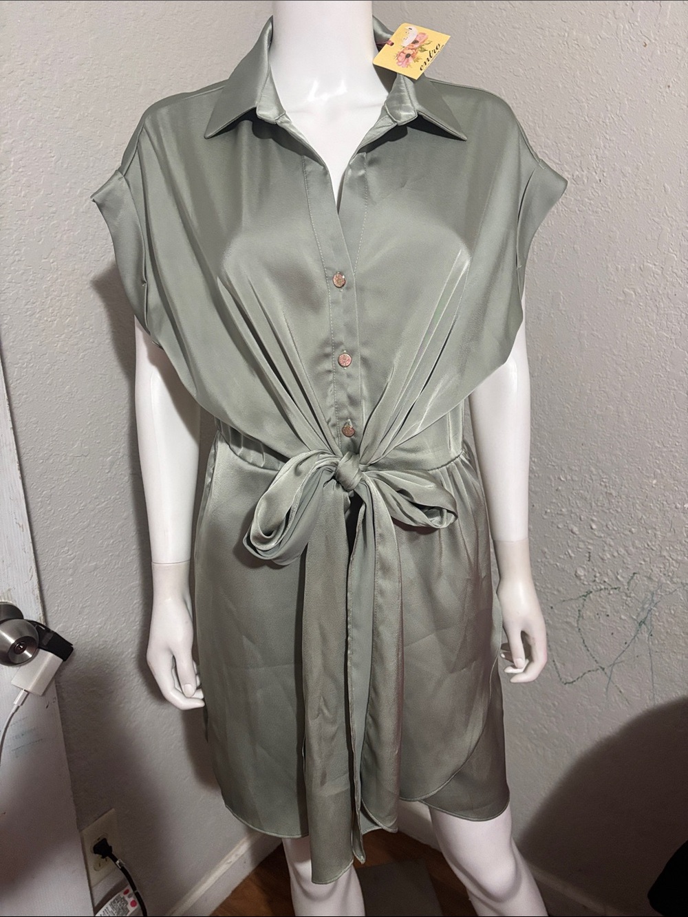 entro Satin Faux-Wrap Mini Dress in Sage - Picture 10 of 12